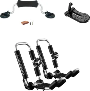 Kayak Roof Rack, Aluminum Kayak Carrier Folding J-Style Universal 3-in-1 Multifunction with Kayak Roller and Car Door Step for Canoe, SUP, Kayaks, Surfboard Rooftop Mount on SUV Car Truck Crossbars