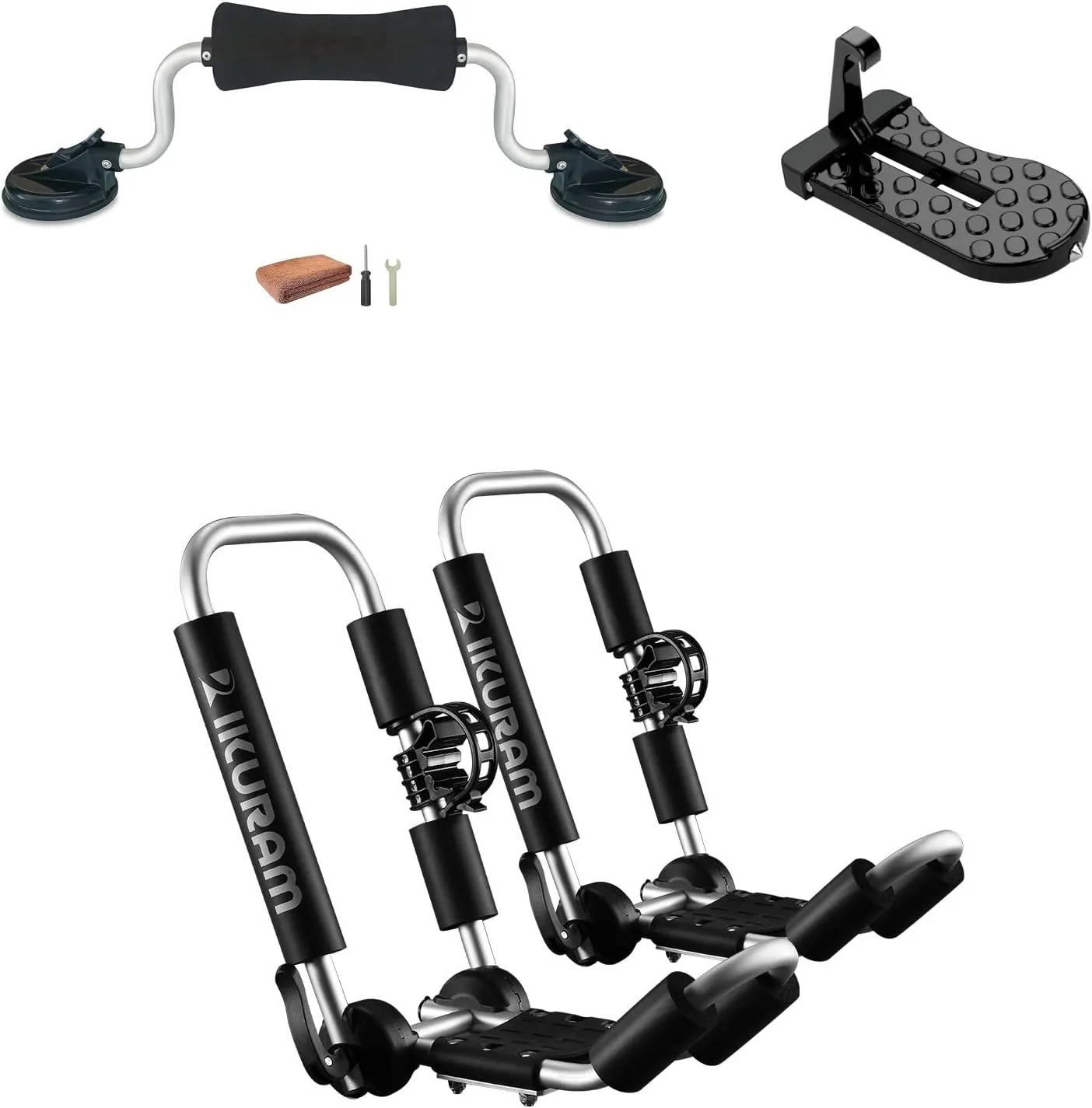 Kayak Roof Rack, Aluminum Kayak Carrier Folding J-Style Universal 3-in-1 Multifunction with Kayak Roller and Car Door Step for Canoe, SUP, Kayaks, Surfboard Rooftop Mount on SUV Car Truck Crossbars