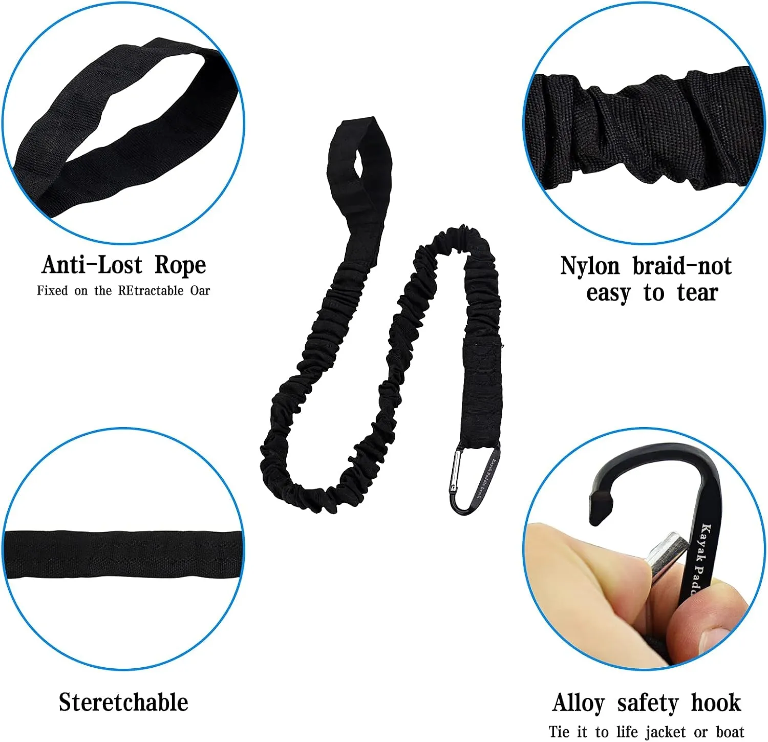 Kayaking Paddle Leash Tether 1 Pack-Stretchable Coiled Lanyard for Kayak, Paddle, Fishing Rod Extend to 59Inch (Black)