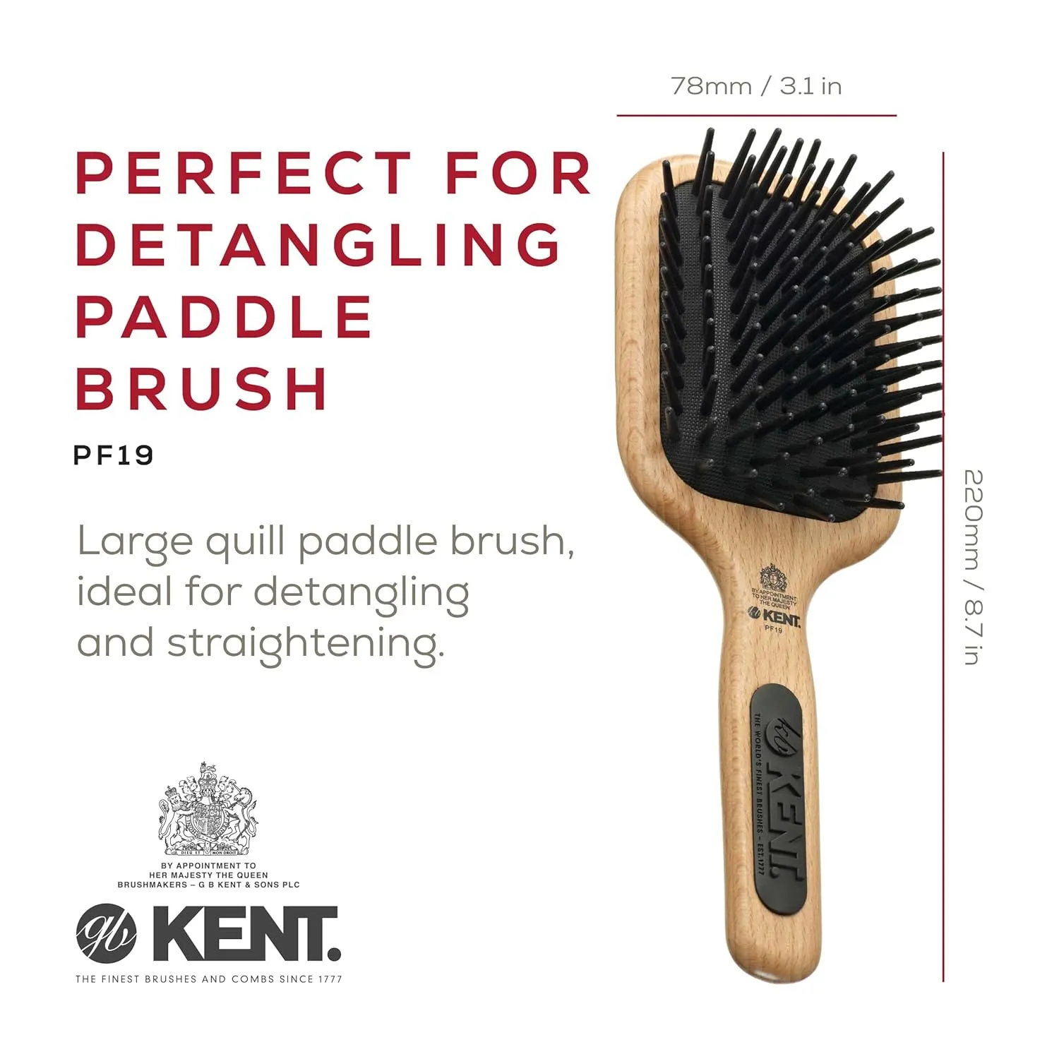 Kent PF19 Beechwood Cushion Paddle Brush - Scalp Massager and Detangler Brush - The Hair Brush for Thick Hair - Scalp Massager Hair Growth Stimulator - Hair Detangler Brush and Curly Hair Brush