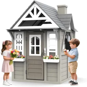 Kids Playhouse Cottage,Cedar Gray Wooden Play House for Kids Ages 3-8, with Play Kitchen, Interactive Doorbell, Toy Phone, Sink, Flowerpot