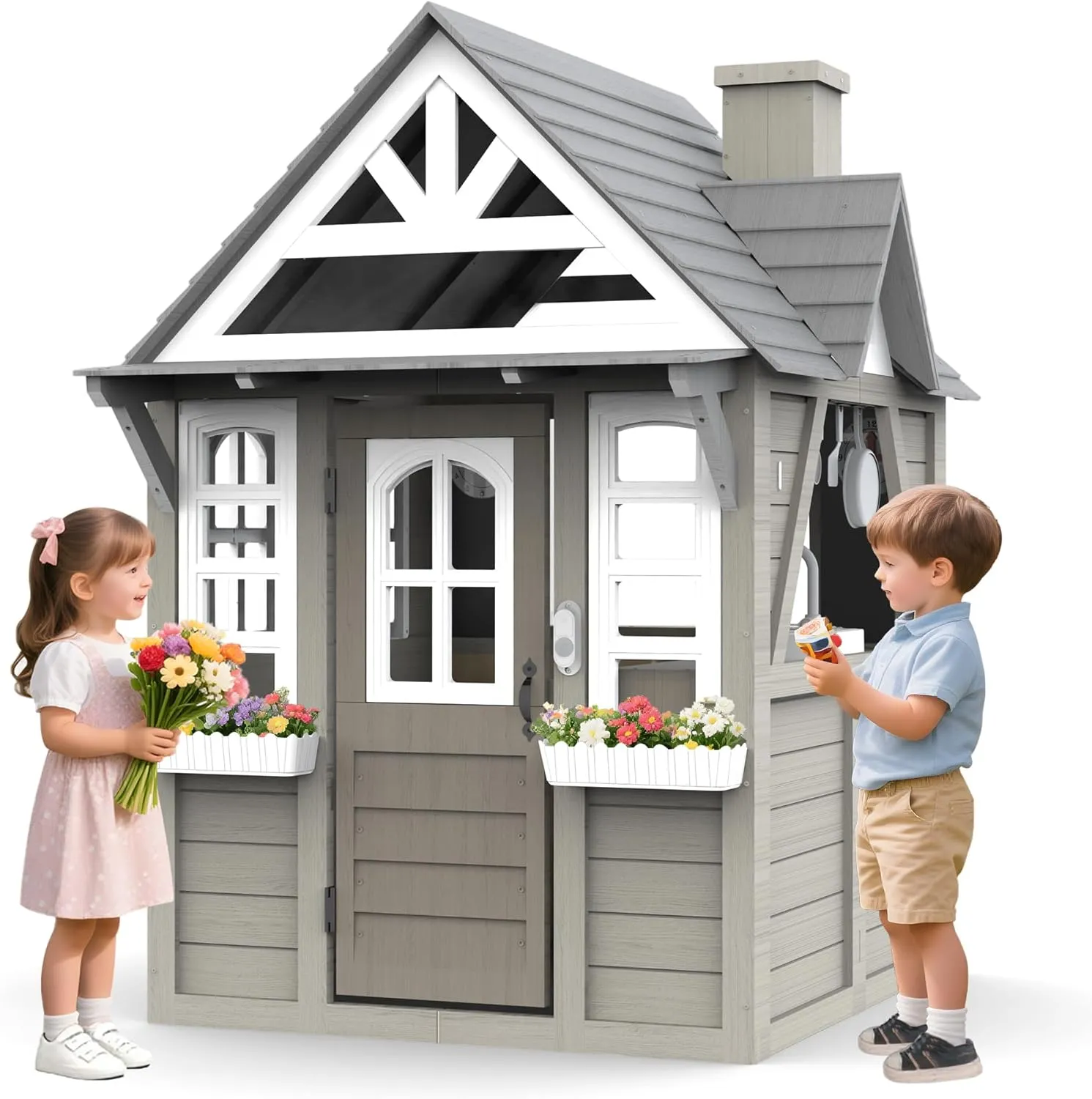 Kids Playhouse Cottage,Cedar Gray Wooden Play House for Kids Ages 3-8, with Play Kitchen, Interactive Doorbell, Toy Phone, Sink, Flowerpot