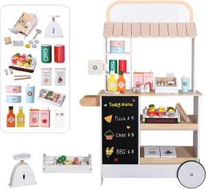 Kids Wooden Toy Food Cart Pretend Play Grocery Store Wooden Supermarket Playset with Games Grilled Food, Chalkboard, Cash Register, Store Gifts for Boys and Girls Over 3 Years Old