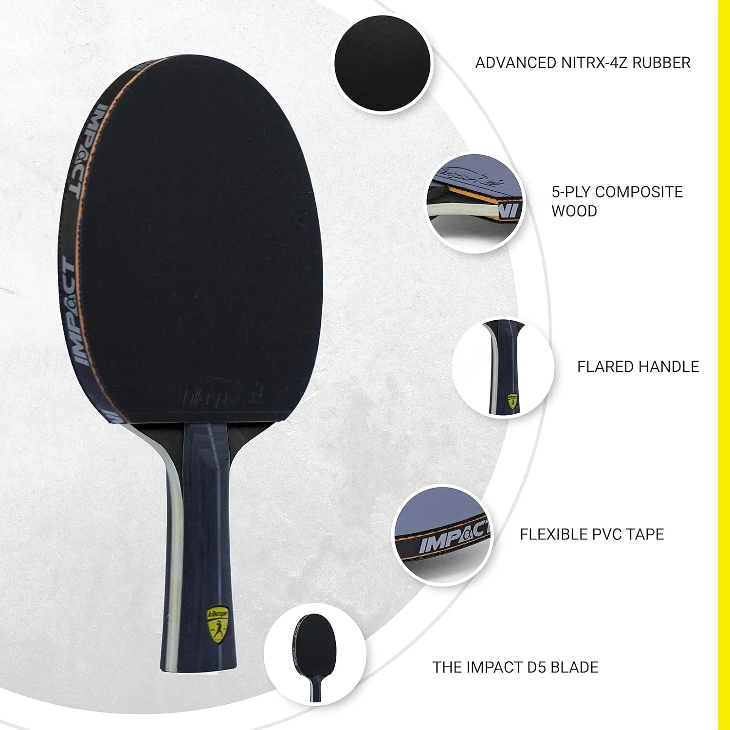 Killerspin Impact Series Table Tennis Paddles - Black/Black Ping Pong Racket, Table Tennis Equipment for Beginners/Intermediates - Ensures Solid Control and Spin