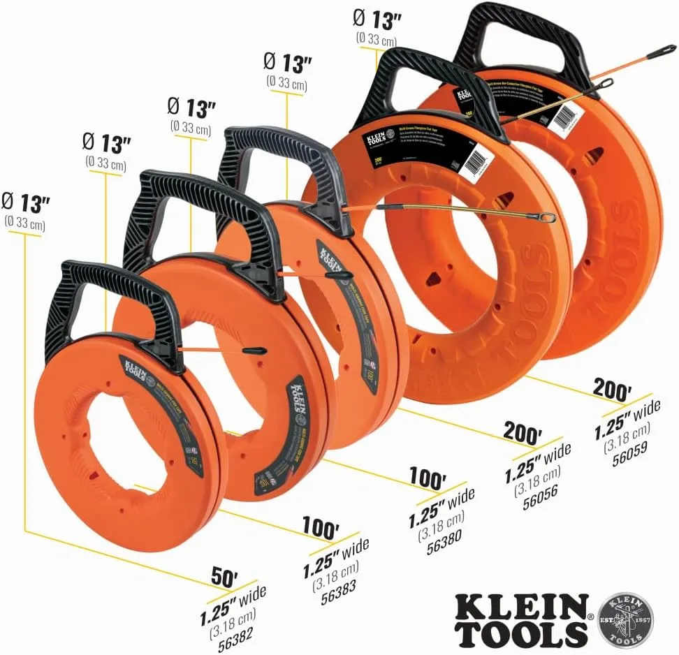 Klein Tools 56380 Non-Conductive Electrical Fish Tape, Multi-Groove Fiberglass Wire Puller with Steel Leader, 100-Foot x 3/16-Inch