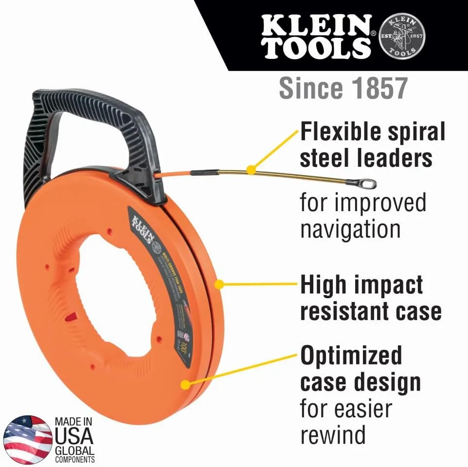 Klein Tools 56380 Non-Conductive Electrical Fish Tape, Multi-Groove Fiberglass Wire Puller with Steel Leader, 100-Foot x 3/16-Inch
