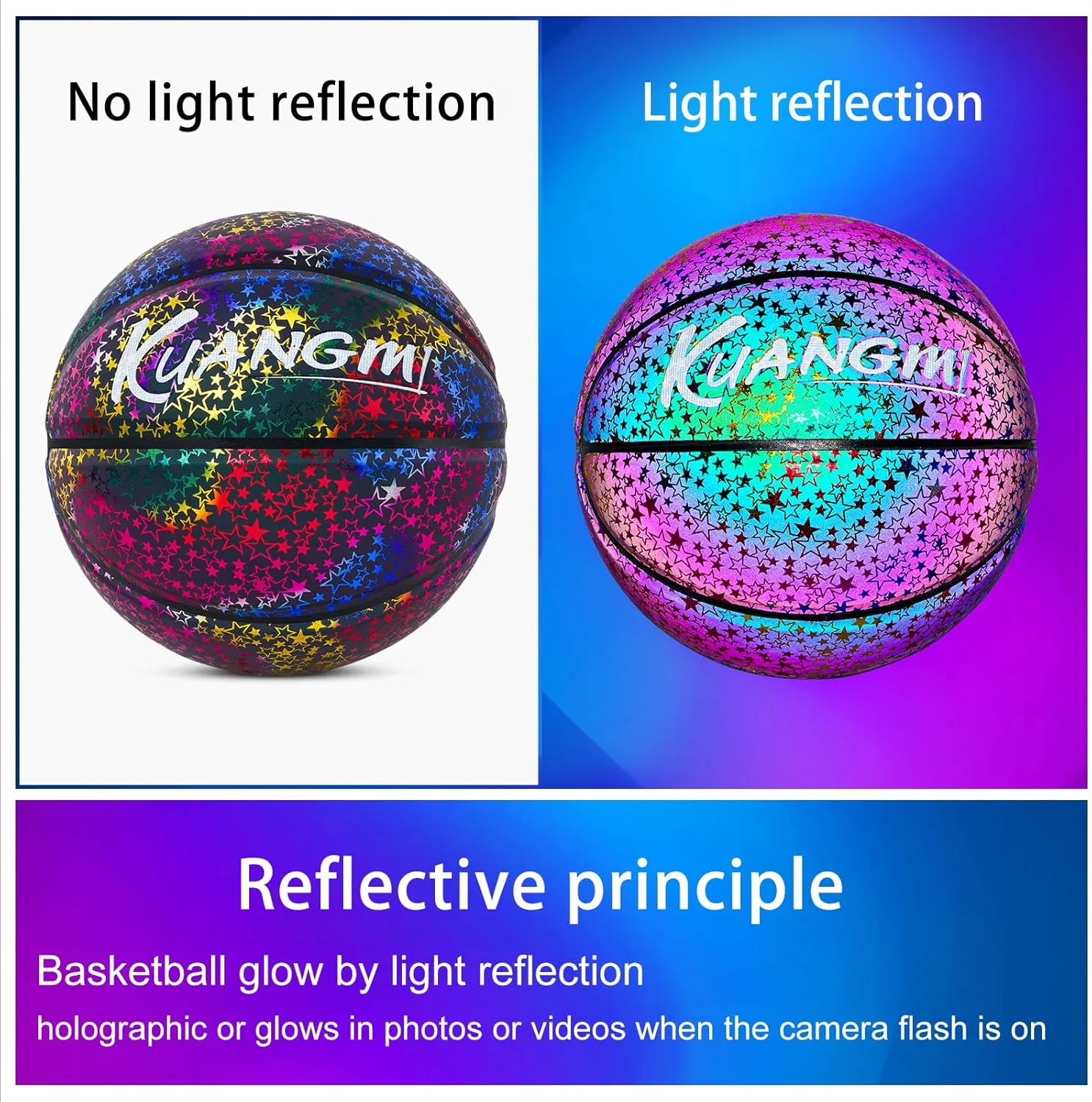 Kuangmi Reflective Glowing Basketball Holographic Luminous for Night Game Light Up Basket Ball Men's Official Size 7 29.5"