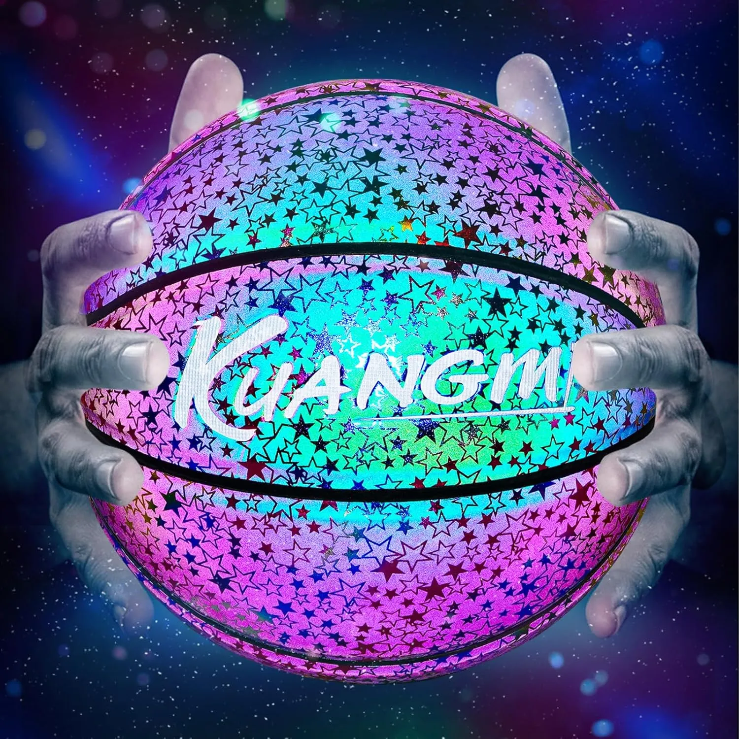 Kuangmi Reflective Glowing Basketball Holographic Luminous for Night Game Light Up Basket Ball Men's Official Size 7 29.5"