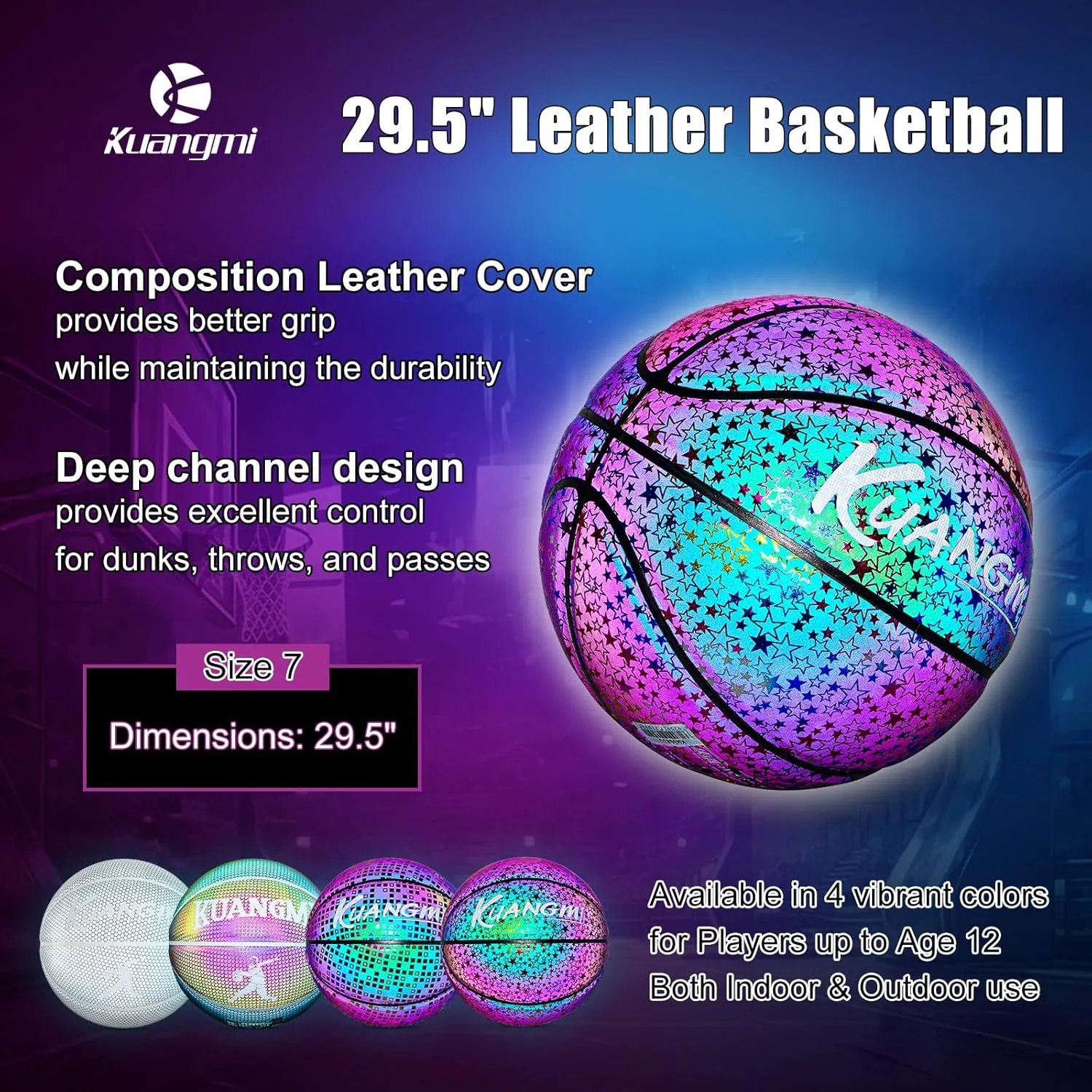 Kuangmi Reflective Glowing Basketball Holographic Luminous for Night Game Light Up Basket Ball Men's Official Size 7 29.5"