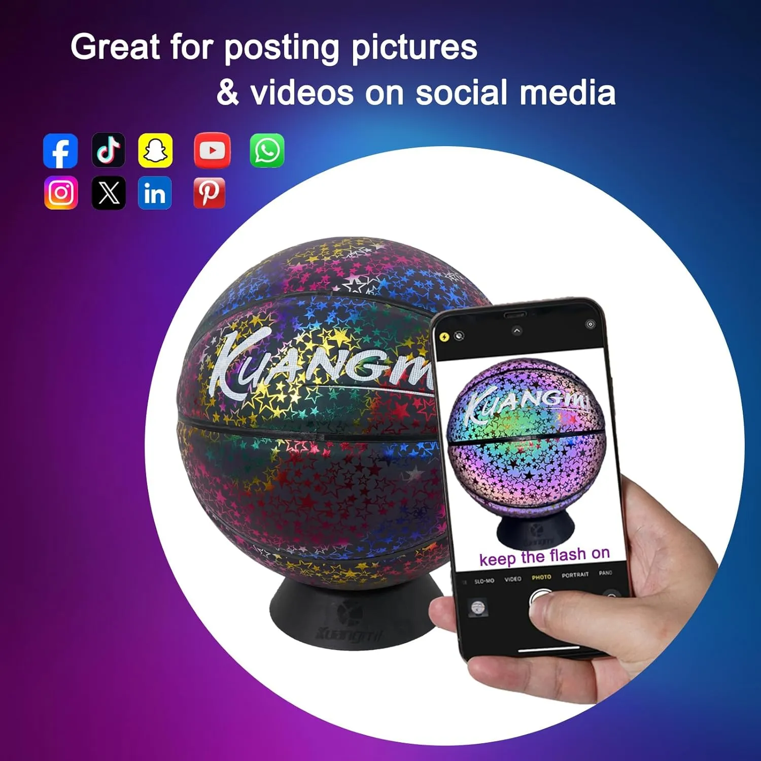 Kuangmi Reflective Glowing Basketball Holographic Luminous for Night Game Light Up Basket Ball Men's Official Size 7 29.5"