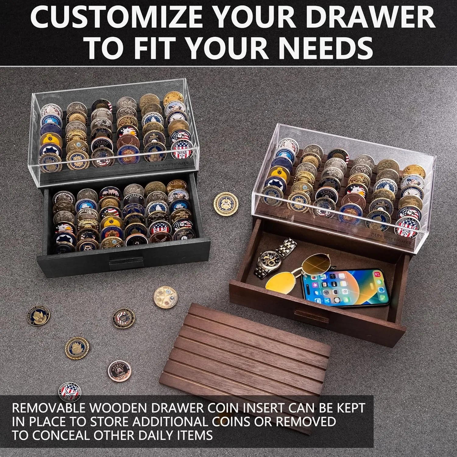 Large Wooden Challenge Coin Display Case with Clear Cover - Military Coin Display Case Holds 36 Coins on Top & 36 in The Storage Drawer - Versatile Coin Stand Holder & Poker Chip Display Case - Brown
