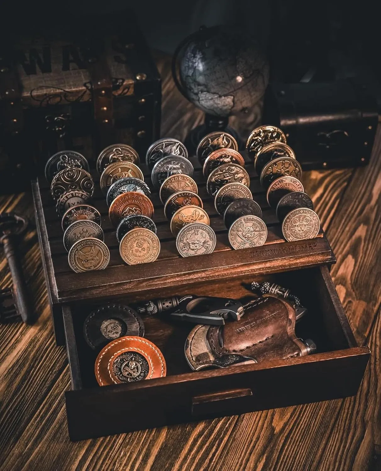 Large Wooden Challenge Coin Display Case with Clear Cover - Military Coin Display Case Holds 36 Coins on Top & 36 in The Storage Drawer - Versatile Coin Stand Holder & Poker Chip Display Case - Brown