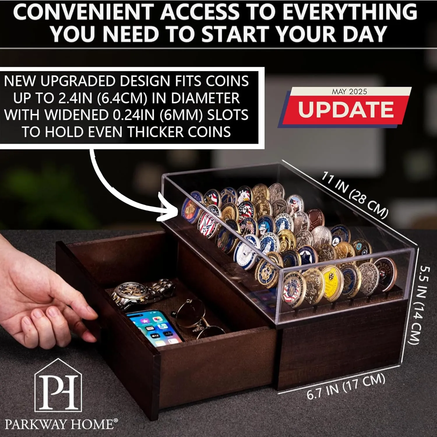 Large Wooden Challenge Coin Display Case with Clear Cover - Military Coin Display Case Holds 36 Coins on Top & 36 in The Storage Drawer - Versatile Coin Stand Holder & Poker Chip Display Case - Brown