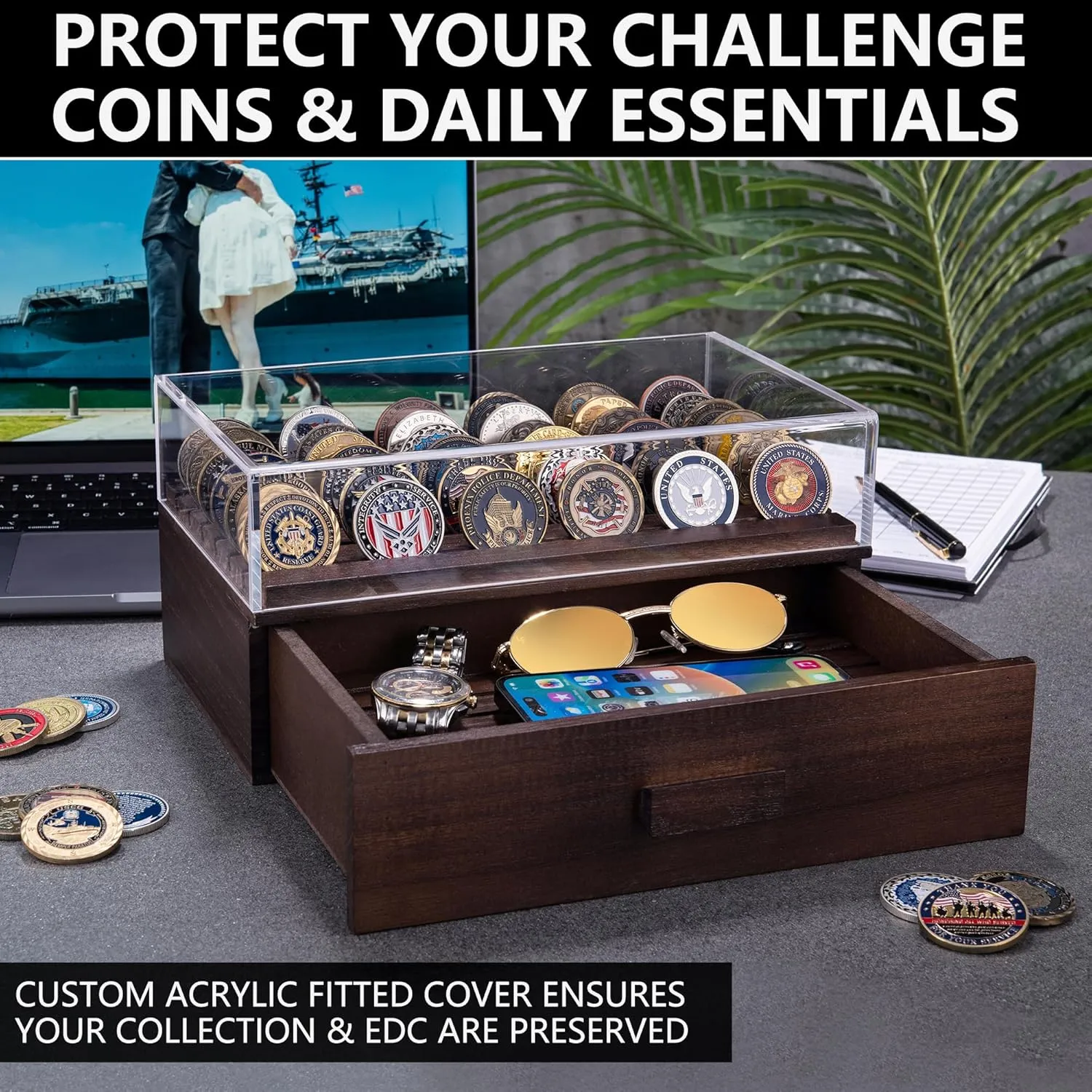 Large Wooden Challenge Coin Display Case with Clear Cover - Military Coin Display Case Holds 36 Coins on Top & 36 in The Storage Drawer - Versatile Coin Stand Holder & Poker Chip Display Case - Brown