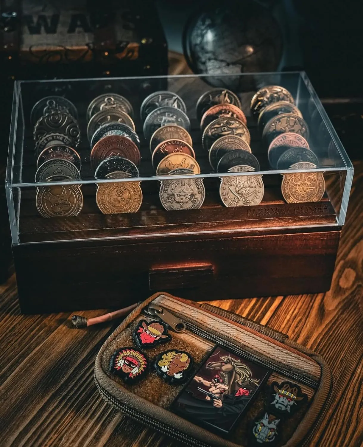 Large Wooden Challenge Coin Display Case with Clear Cover - Military Coin Display Case Holds 36 Coins on Top & 36 in The Storage Drawer - Versatile Coin Stand Holder & Poker Chip Display Case - Brown