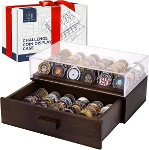 Large Wooden Challenge Coin Display Case with Clear Cover - Military Coin Display Case Holds 36 Coins on Top & 36 in The Storage Drawer - Versatile Coin Stand Holder & Poker Chip Display Case - Brown