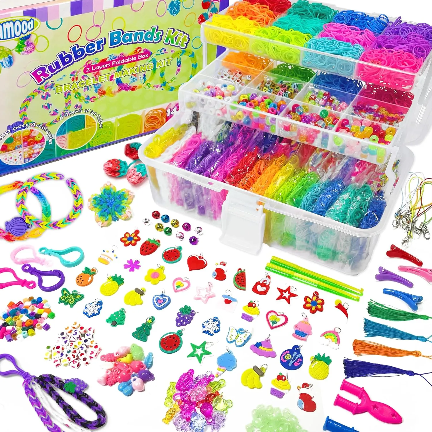 Leamood 15200  Rubber Bands Bracelet Making Kit, 34 Colors Loom Bands Bracelet Kit for Kids Ages 6-12 with 500  Alpha & Pony Beads, 4 Looms and Hooks, Bracelet Making Band Refills Looms Set for Girls
