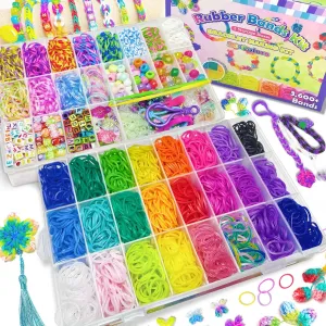 Leamood 4000  Rubber Bands Bracelet Making Kit, 36 Colors Loom Bands Bracelet Kit for Kids Ages 6-12 with 450  Alpha & Pony Beads, 2 Looms and Hooks, Bracelet Making Bands Refill Looms Set for Girls