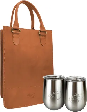 Leather Wine Bag for 2 Bottles, Includes 2 Stainless Tumblers, Travel Gift Carrier for Wine Lover