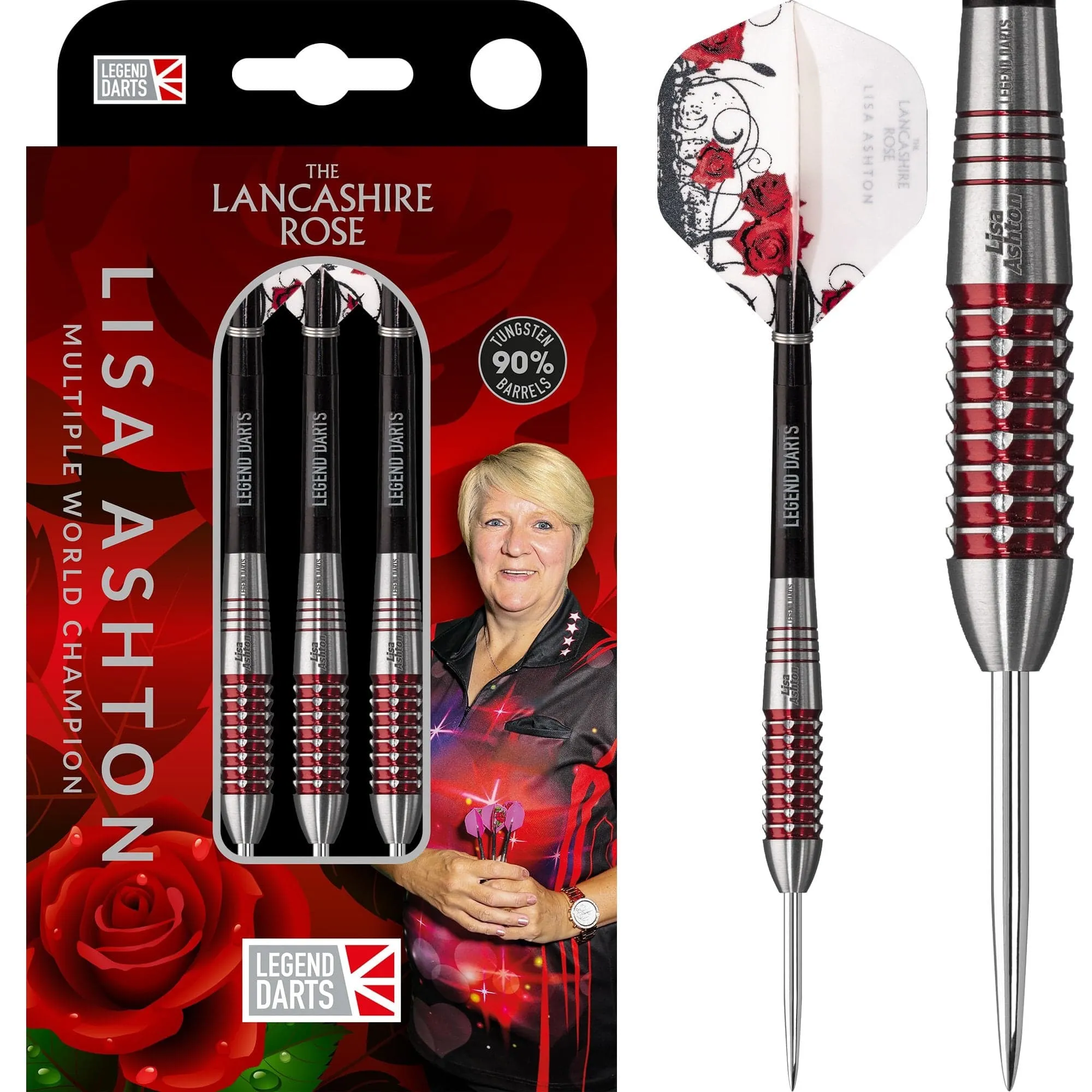 Legend Darts - Steel Tip - 90% Tungsten - The Lancashire Rose - Lisa Ashton - Electro Red