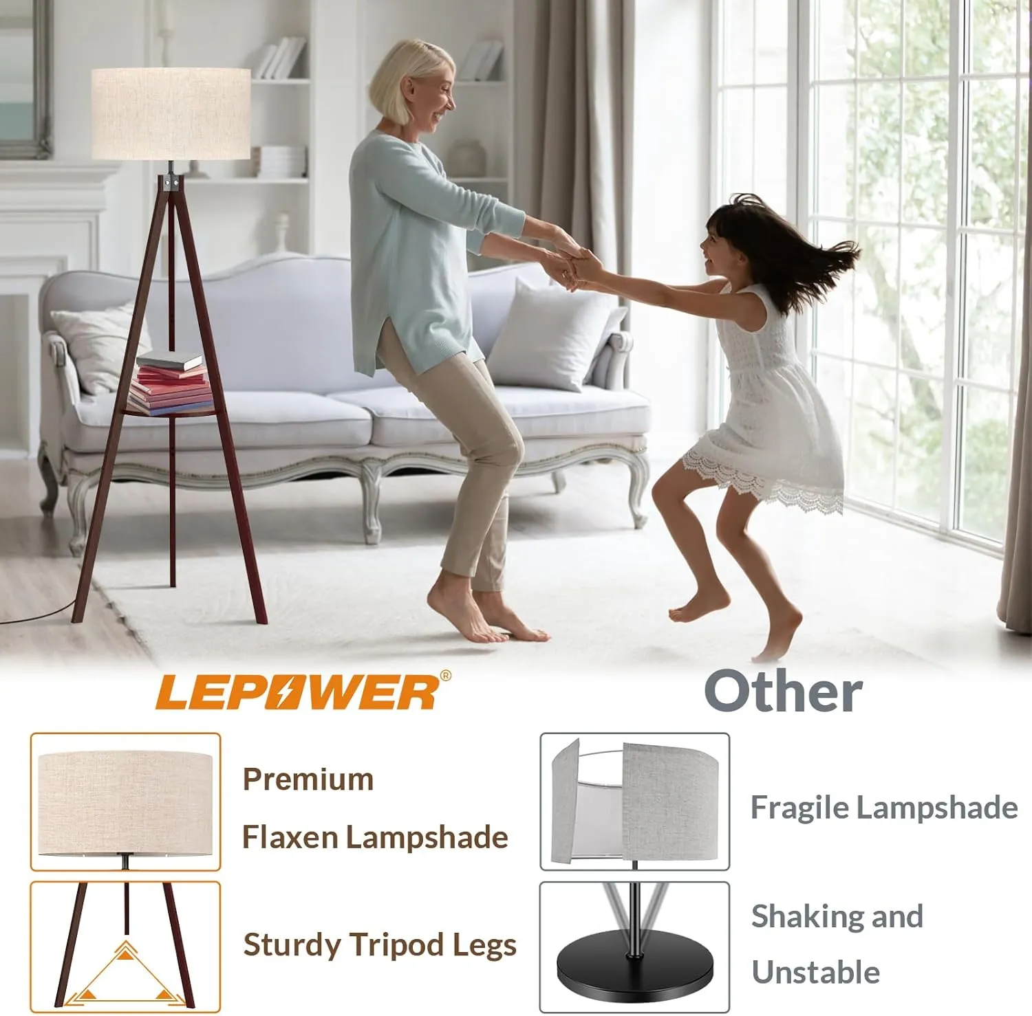 LEPOWER Tripod Floor Lamp, Mid Century Wood Standing Lamp, Modern Design Shelf Floor Lamp for Living Room, Bedroom, Office, Flaxen Linen Shade with E26 Lamp Base Walnut