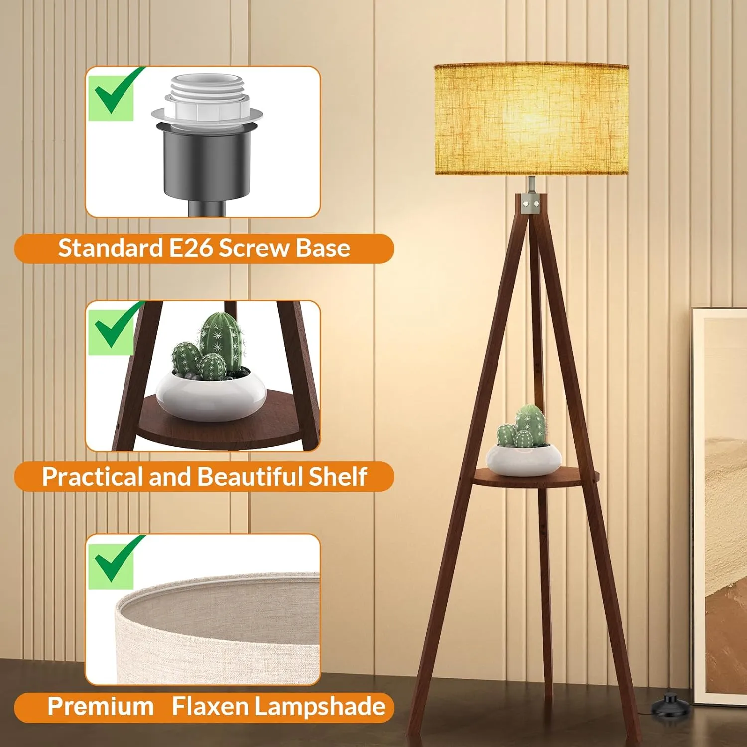LEPOWER Tripod Floor Lamp, Mid Century Wood Standing Lamp, Modern Design Shelf Floor Lamp for Living Room, Bedroom, Office, Flaxen Linen Shade with E26 Lamp Base Walnut