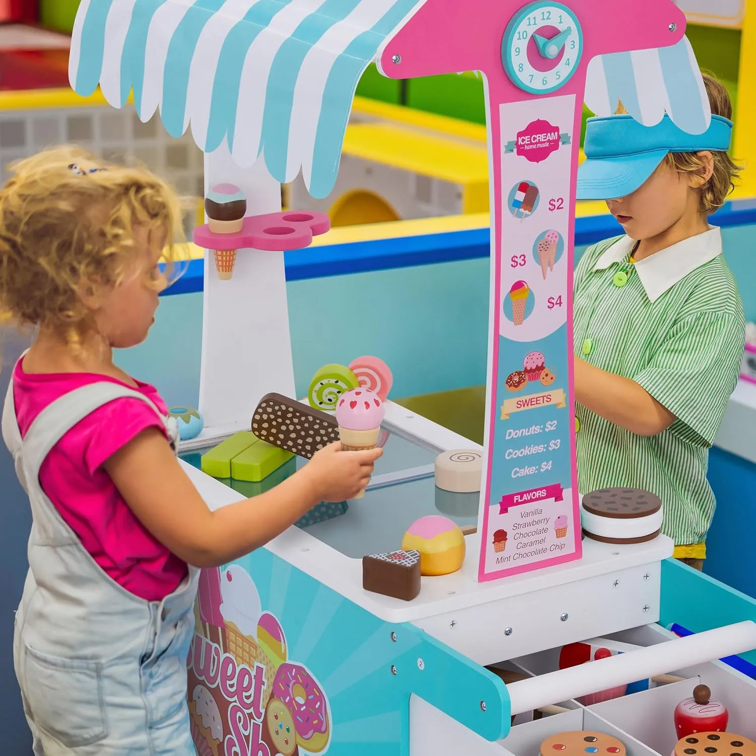 Lil’ Jumbl Wooden Sweet Treats Playset, Kids Play Pretend Dessert Stand Push Cart w/ 20  Ice Cream Cone, Popsicle & Cupcake Accessories, Food Displays, Awning, Freezer, Storage Drawers, Clock & Menus