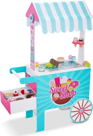 Lil’ Jumbl Wooden Sweet Treats Playset, Kids Play Pretend Dessert Stand Push Cart w/ 20  Ice Cream Cone, Popsicle & Cupcake Accessories, Food Displays, Awning, Freezer, Storage Drawers, Clock & Menus