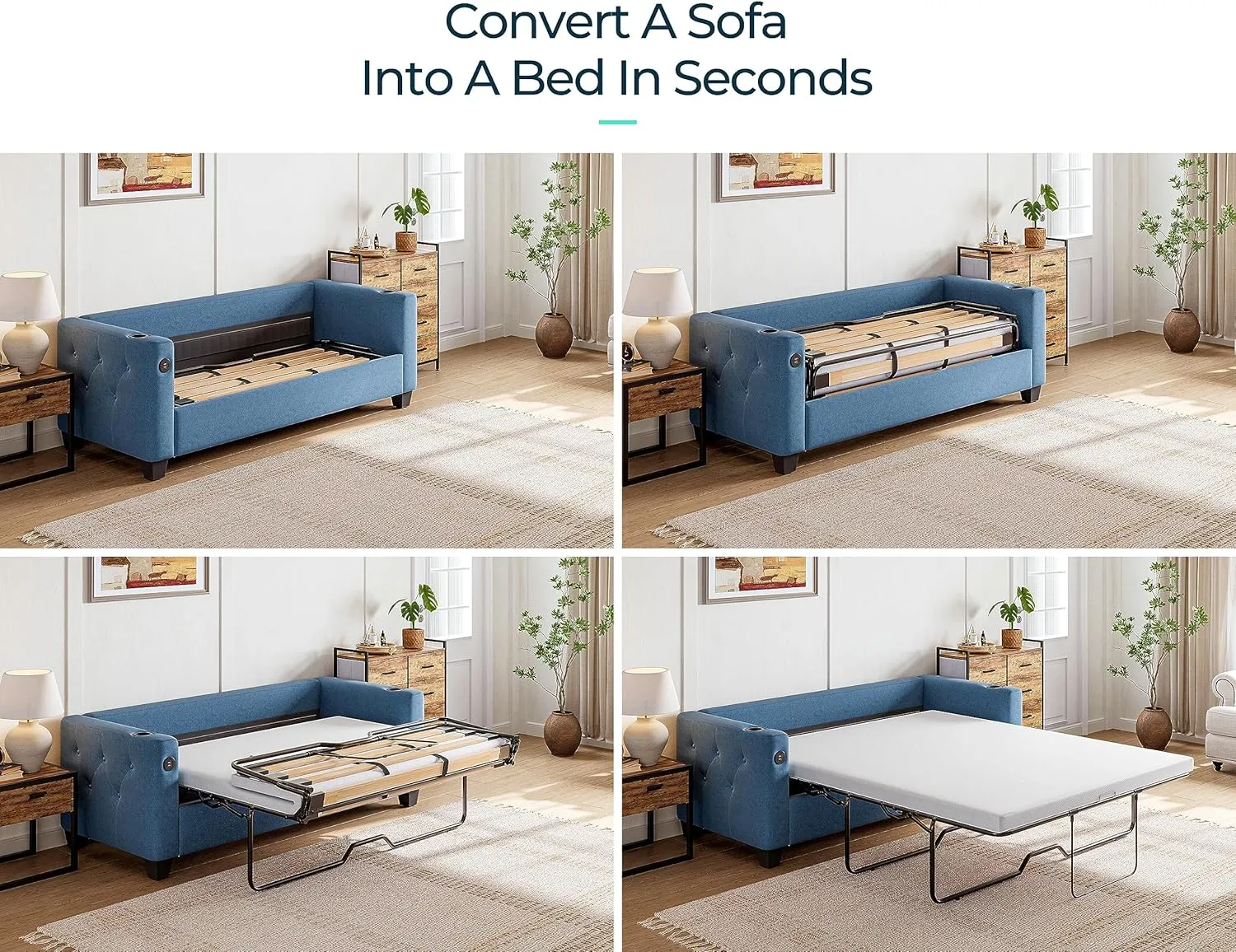 LINSY HOME Pull Out Sofa Bed - Queen Size Sleeper Sofa Convertible Couch with USB Charging, Pullout Couch Bed Loveseat Memory Foam Couches for Living Room Apartment Small Spaces (Blue)