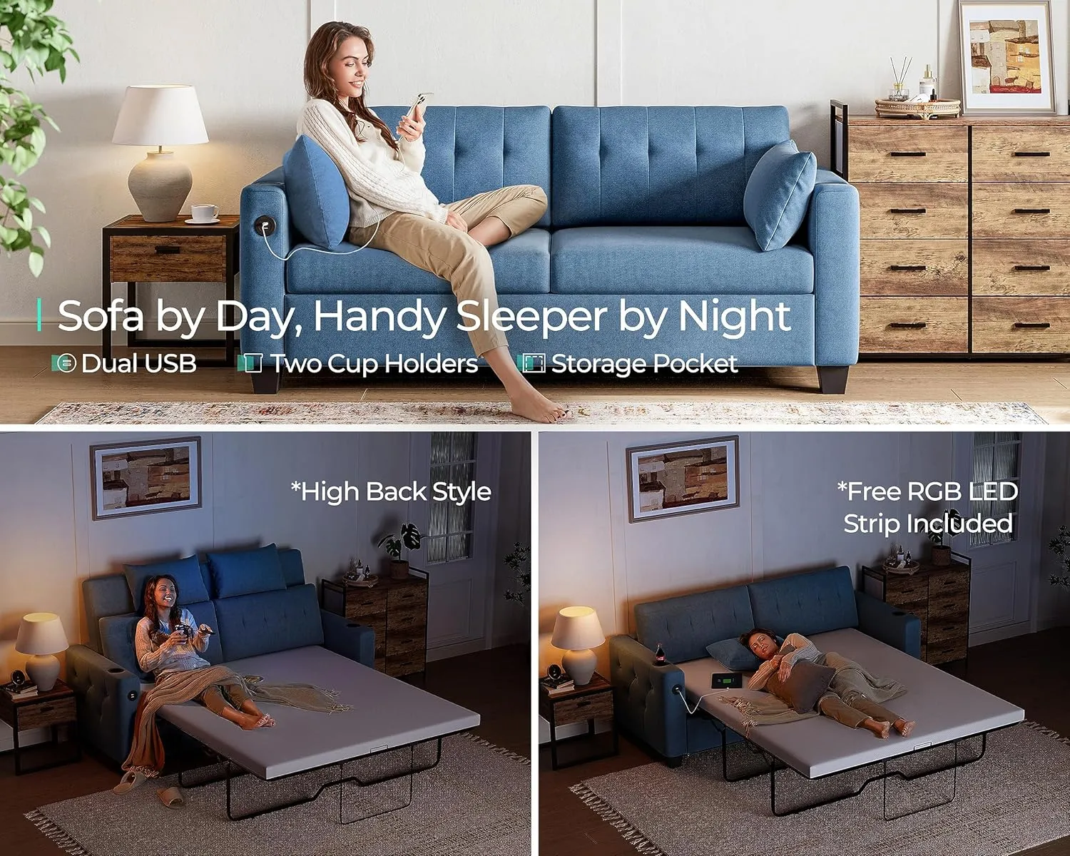 LINSY HOME Pull Out Sofa Bed - Queen Size Sleeper Sofa Convertible Couch with USB Charging, Pullout Couch Bed Loveseat Memory Foam Couches for Living Room Apartment Small Spaces (Blue)