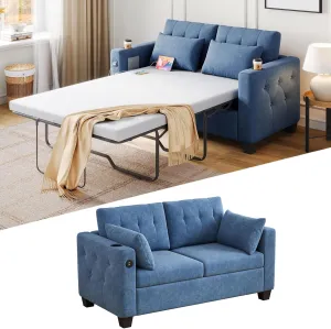 LINSY HOME Pull Out Sofa Bed - Queen Size Sleeper Sofa Convertible Couch with USB Charging, Pullout Couch Bed Loveseat Memory Foam Couches for Living Room Apartment Small Spaces (Blue)