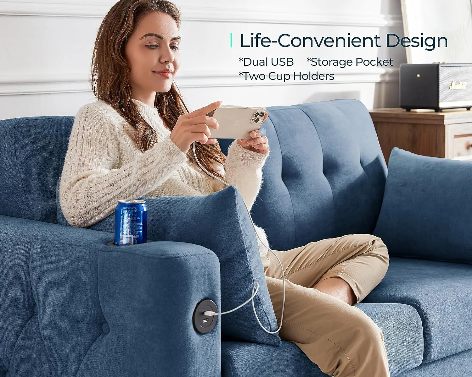 LINSY HOME Pull Out Sofa Bed - Queen Size Sleeper Sofa Convertible Couch with USB Charging, Pullout Couch Bed Loveseat Memory Foam Couches for Living Room Apartment Small Spaces (Blue)