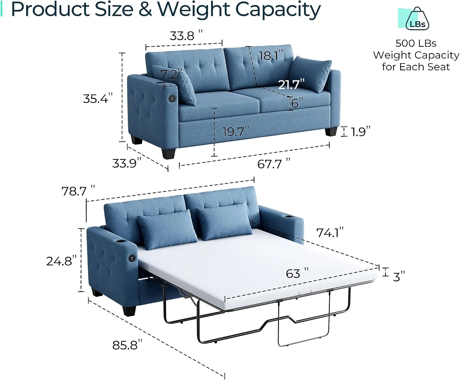 LINSY HOME Pull Out Sofa Bed - Queen Size Sleeper Sofa Convertible Couch with USB Charging, Pullout Couch Bed Loveseat Memory Foam Couches for Living Room Apartment Small Spaces (Blue)