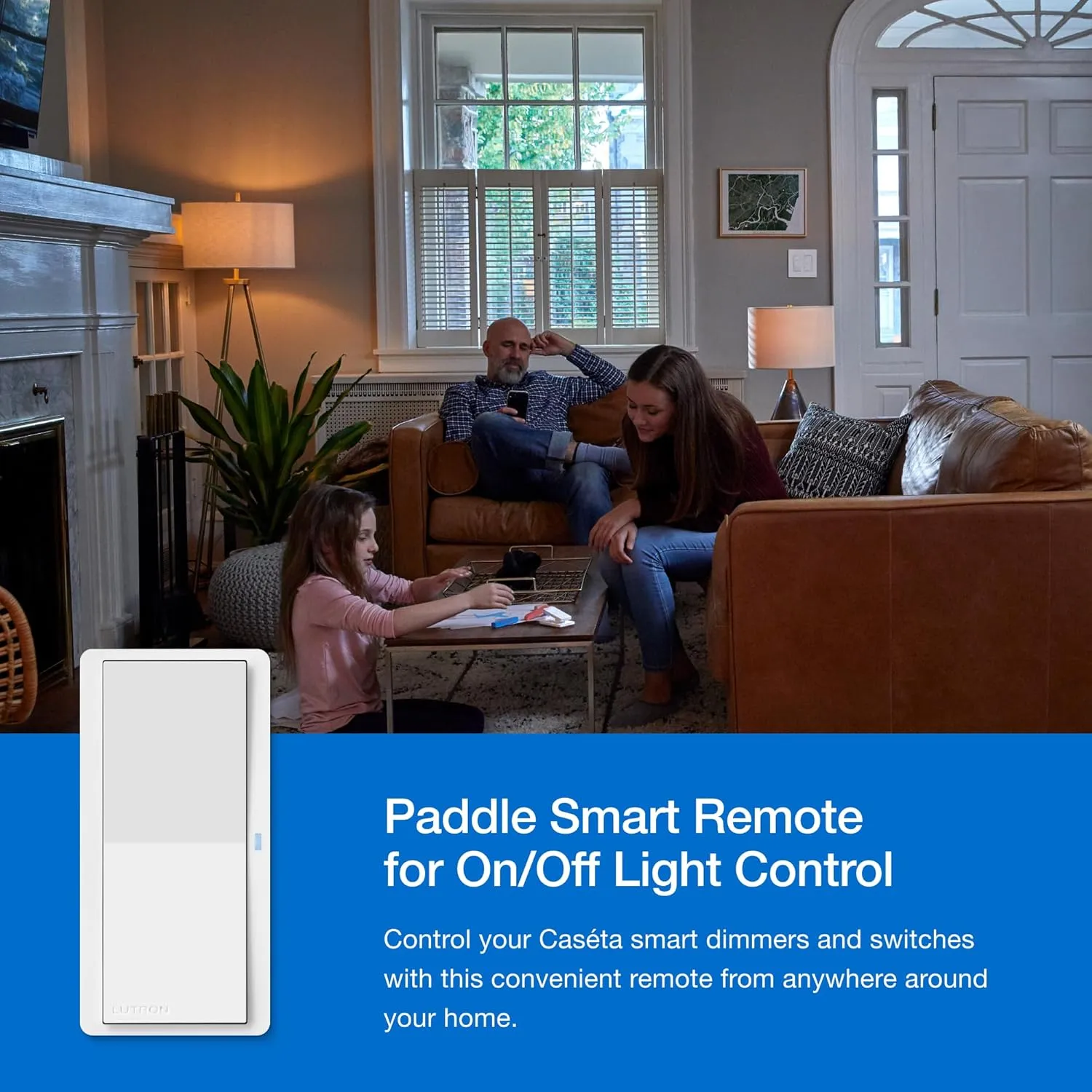 Lutron Paddle Pico Remote for Caseta Smart Dimmers/Switches, On/Off Control, for Table Top or Wallmount Use, PJ2-P2B-GWH, White