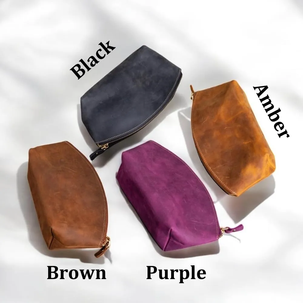 Luxury Personalized Leather Makeup Bags Crafted in USA, Full-Grain Leather Cosmetic Bag Engraved Name Initials or Logo, Birthday Anniversary Christmas Gift or Mother Gift, Italian Zipper, Make-up Purse for Women (Black)