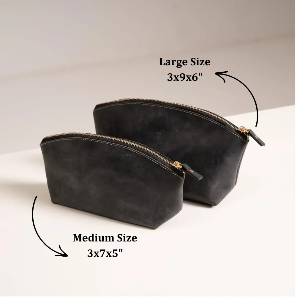 Luxury Personalized Leather Makeup Bags Crafted in USA, Full-Grain Leather Cosmetic Bag Engraved Name Initials or Logo, Birthday Anniversary Christmas Gift or Mother Gift, Italian Zipper, Make-up Purse for Women (Black)
