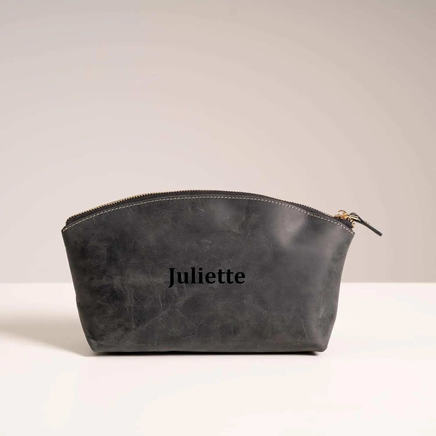 Luxury Personalized Leather Makeup Bags Crafted in USA, Full-Grain Leather Cosmetic Bag Engraved Name Initials or Logo, Birthday Anniversary Christmas Gift or Mother Gift, Italian Zipper, Make-up Purse for Women (Black)