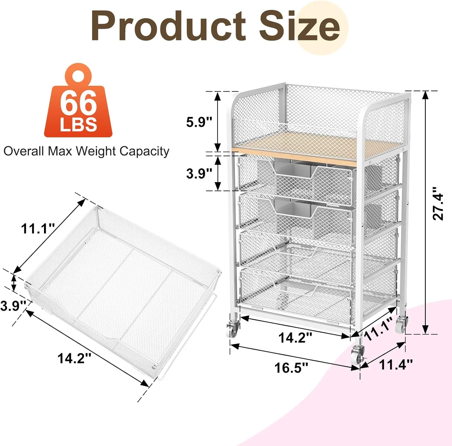 Makeup Cart Organizer with 4 Drawers, Large Floor Skincare Organizers, Vanity Storage Organizer Cosmetics Display Cases for Skin Care Perfume Nail Polish, White (Patent Pending)