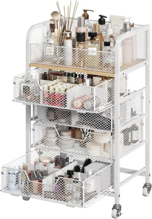 Makeup Cart Organizer with 4 Drawers, Large Floor Skincare Organizers, Vanity Storage Organizer Cosmetics Display Cases for Skin Care Perfume Nail Polish, White (Patent Pending)