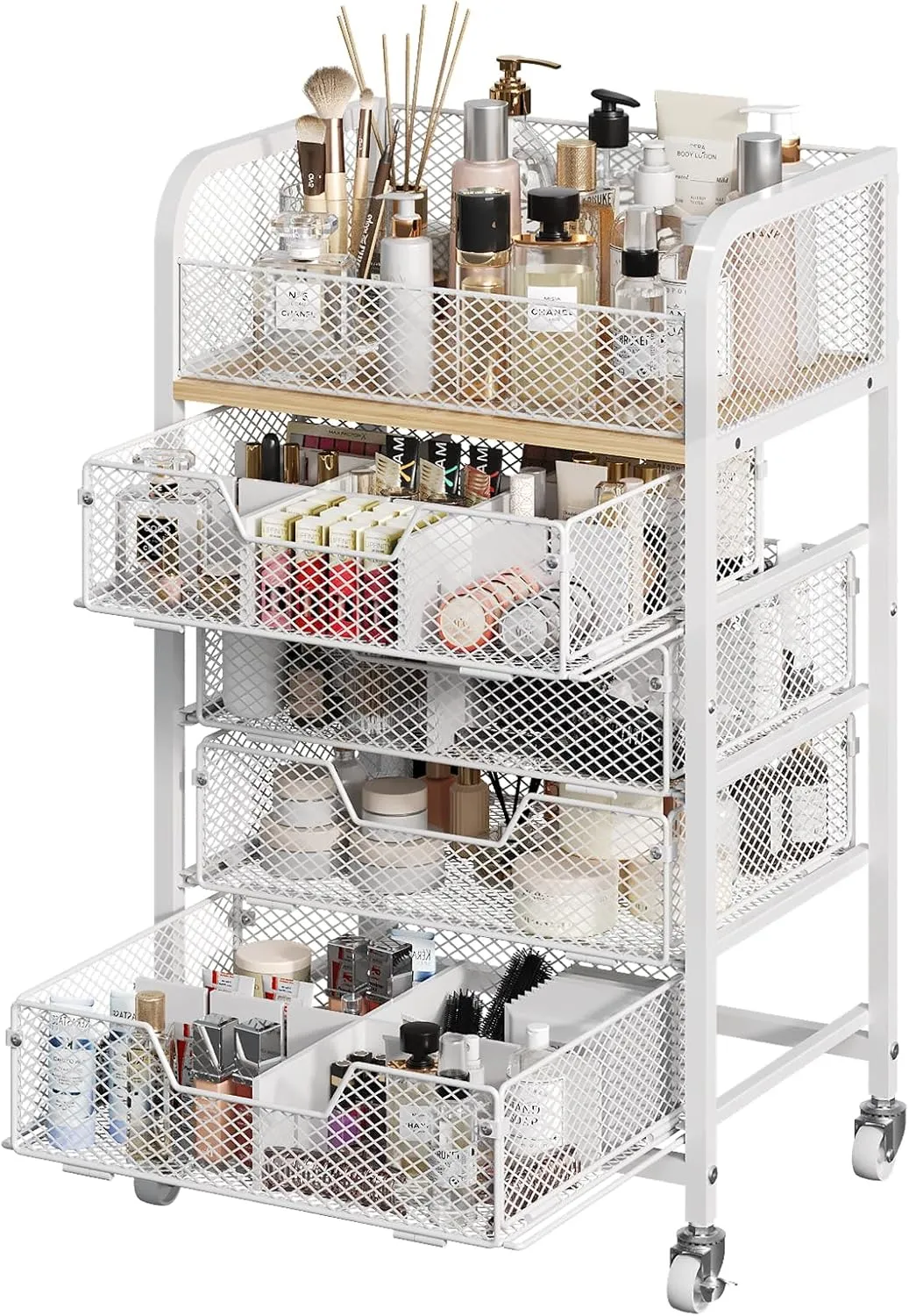 Makeup Cart Organizer with 4 Drawers, Large Floor Skincare Organizers, Vanity Storage Organizer Cosmetics Display Cases for Skin Care Perfume Nail Polish, White (Patent Pending)