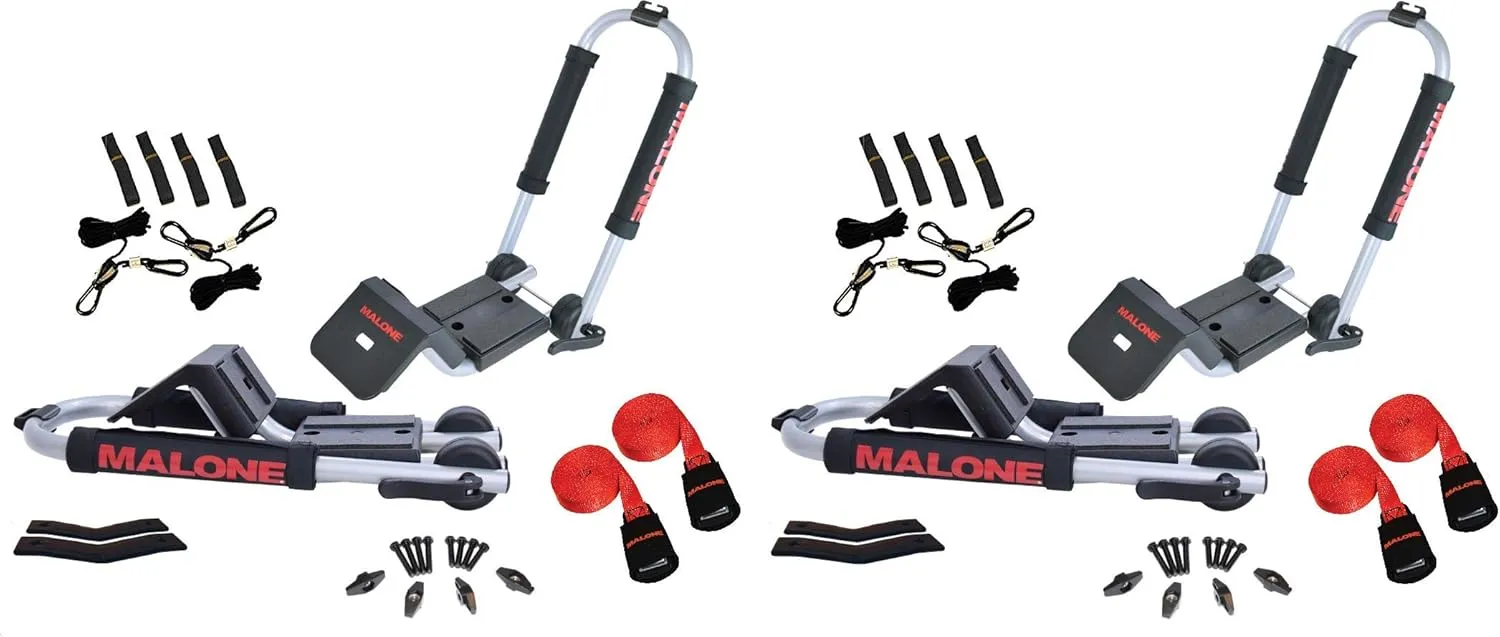 Malone Downloader 2-Pack Folding J-Style Universal Kayak Carriers with Built-in Boarding Ramps, SpeedLine Tie-Downs, and JAWZ Mounting Hardware - Fits Round, Square & Oval Crossbars