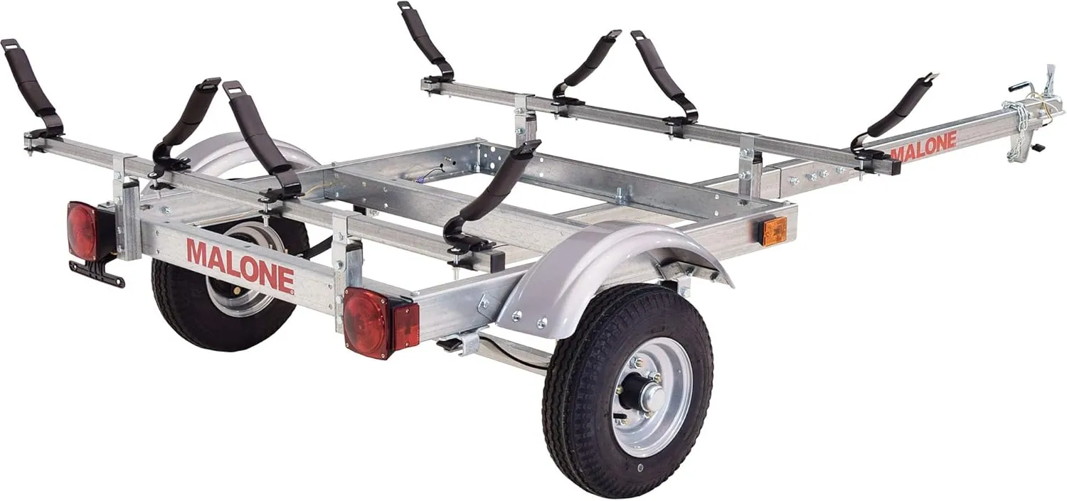 Malone MPG586XV EcoLight 2 Kayak Trailer with 2 V-Rack Kayak Carriers | 14' / 400 lbs Capacity | Fully Submersible | Marine Grade Galvanized Steel Construction