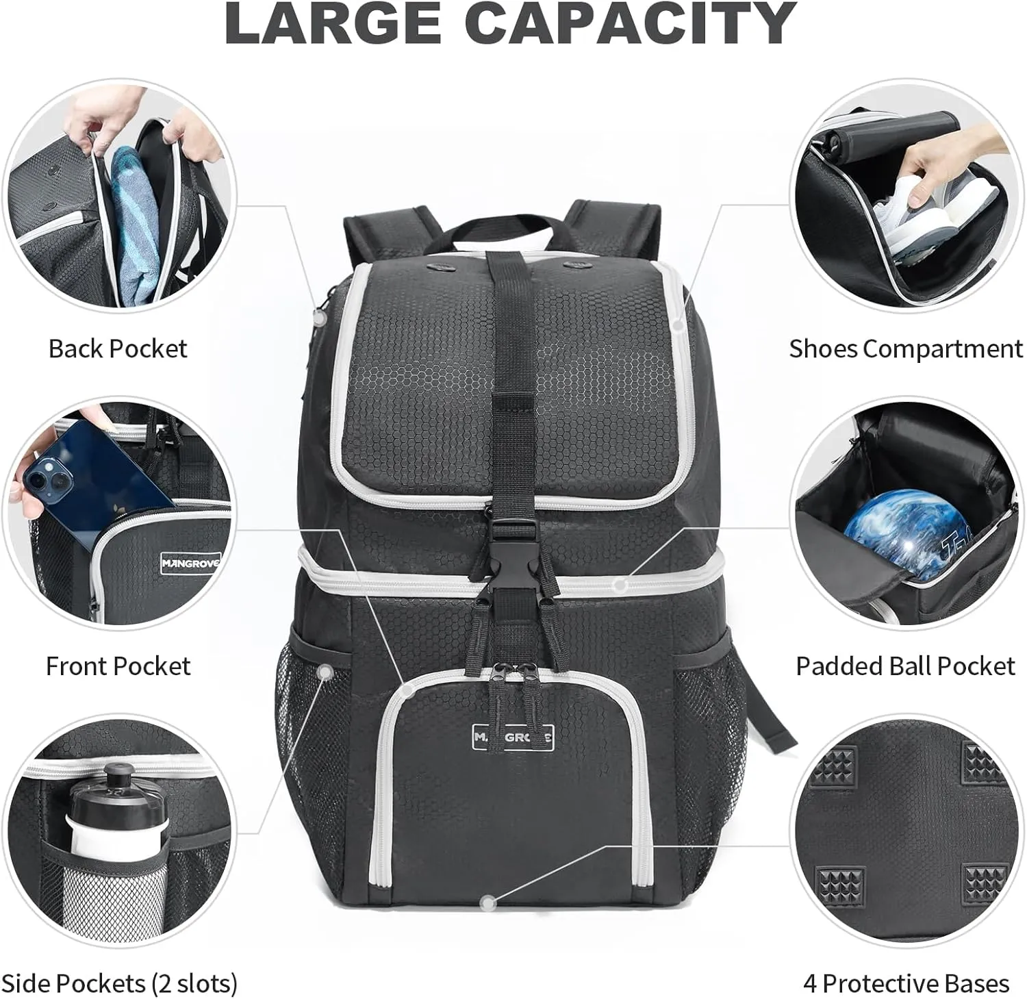 Mangrove Bowling Ball Bag, 2024 Bowling Backpack for 1 Ball, Bowling Bags with Padded Holder, Fits Bowling Shoes Up to Mens Size 14 and Accessories