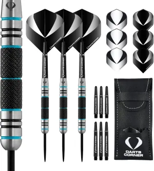 Marine | 80% Tungsten Barrel Steel Tip Dart Set with Flights, Stems and Case, 26g, M3, Black/Blue (D0675)