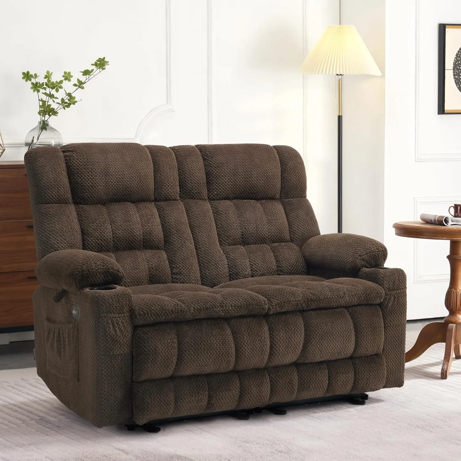 MCombo 57" Power Loveseat Recliner, Electric Reclining Loveseat Sofa with Heat and Vibration, Cupholders, USB Charge Ports for Living Room RS6314 (Brown)