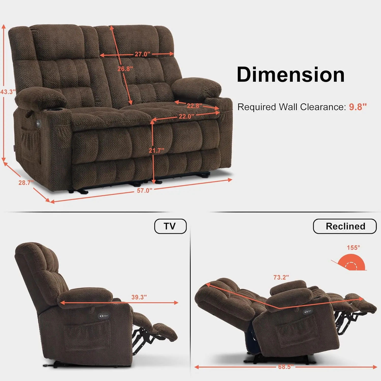 MCombo 57" Power Loveseat Recliner, Electric Reclining Loveseat Sofa with Heat and Vibration, Cupholders, USB Charge Ports for Living Room RS6314 (Brown)