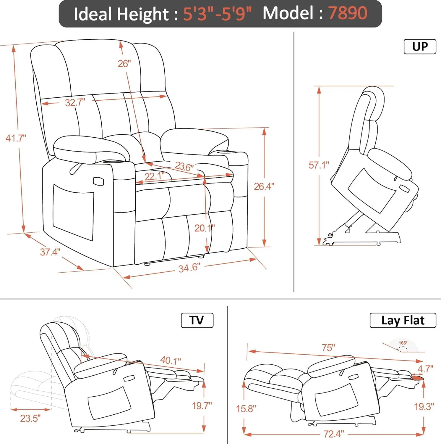 MCombo Dual Motor Power Lift Recliner Chair with Massage and Heat for Elderly People, Infinite Position, USB Ports, Cup Holders, Fabric 7890 (Medium-Regular, Mocha)