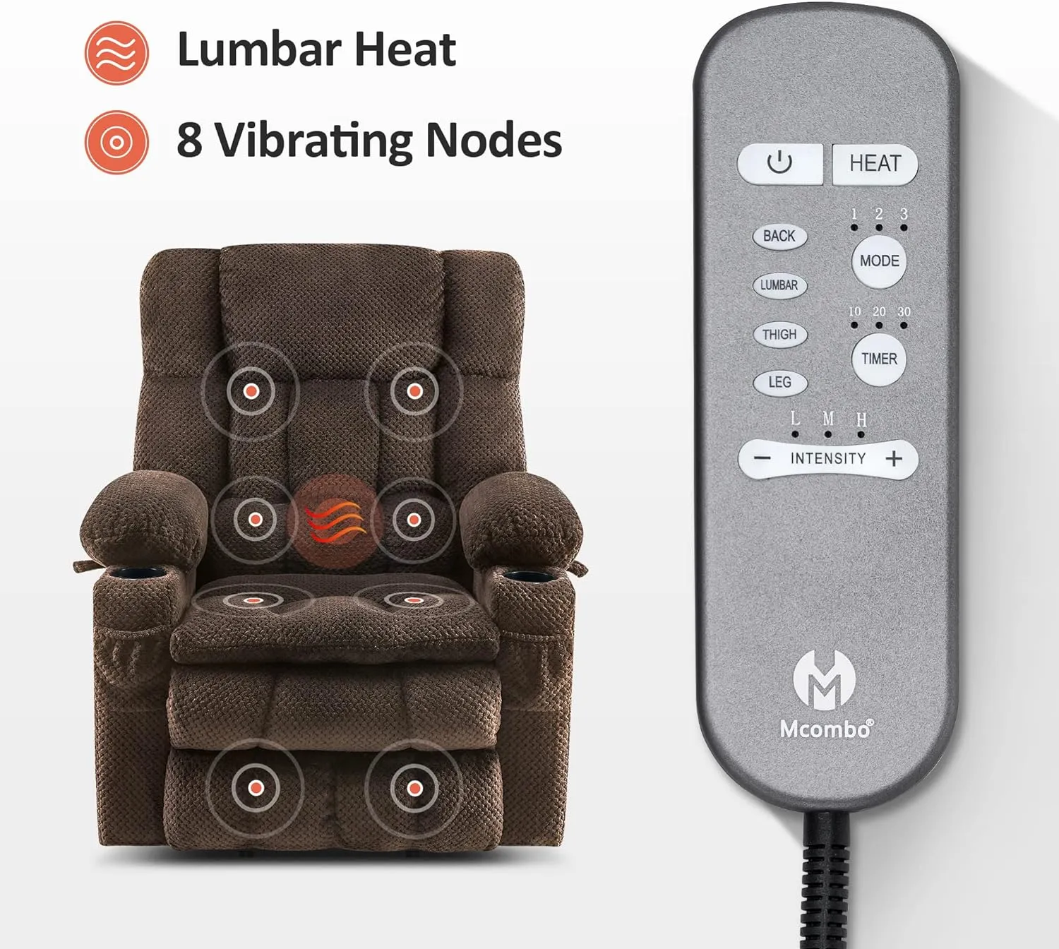 MCombo Dual Motor Power Lift Recliner Chair with Massage and Heat for Elderly People, Infinite Position, USB Ports, Cup Holders, Fabric 7890 (Medium-Regular, Mocha)