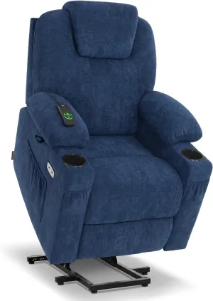 MCombo Small Power Lift Recliner Chair Sofa with Massage and Heat for Petite Elderly, 3 Positions, Cup Holders, and USB Ports, Extended Footrest, Fabric 7141 (Admiral)