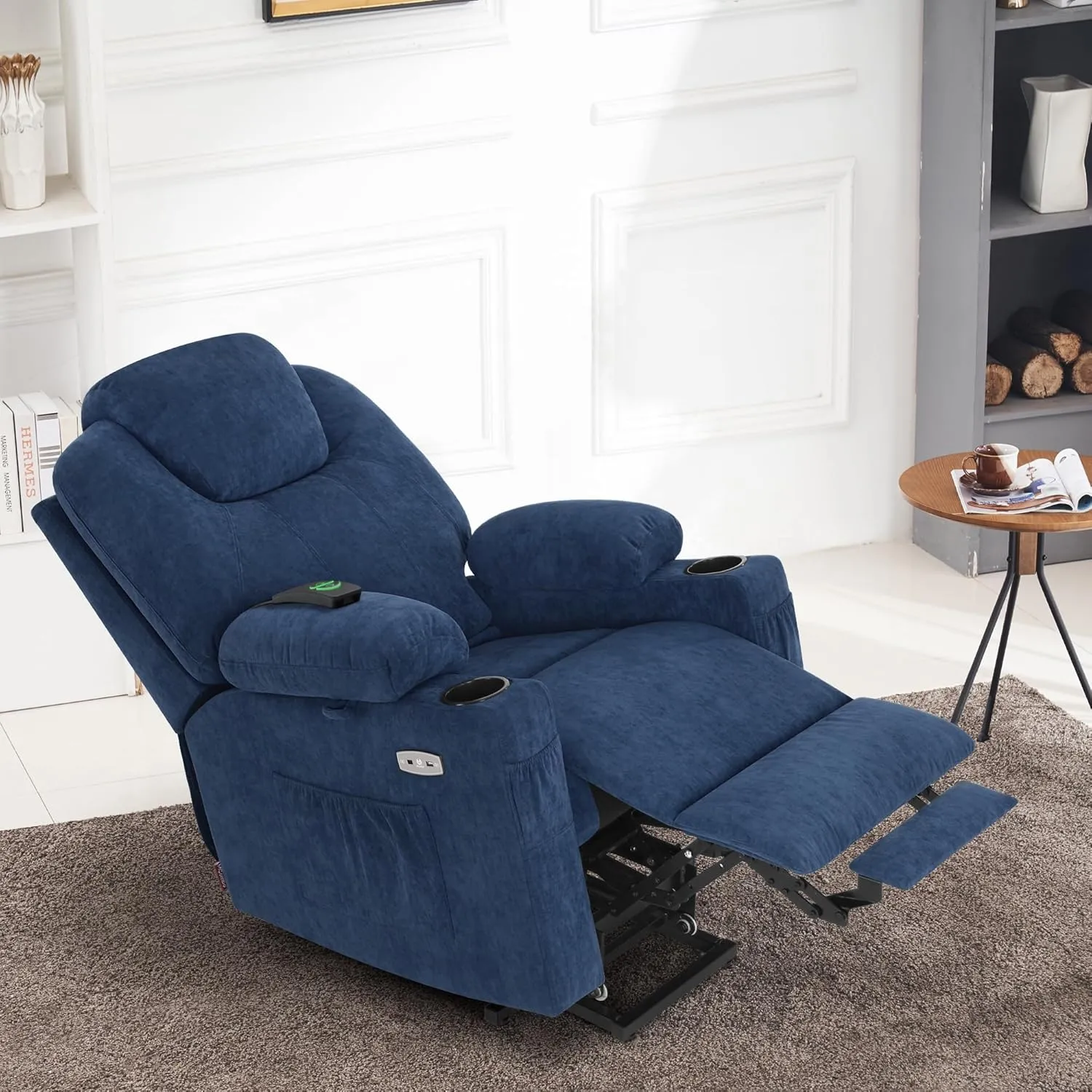 MCombo Small Power Lift Recliner Chair Sofa with Massage and Heat for Petite Elderly, 3 Positions, Cup Holders, and USB Ports, Extended Footrest, Fabric 7141 (Admiral)